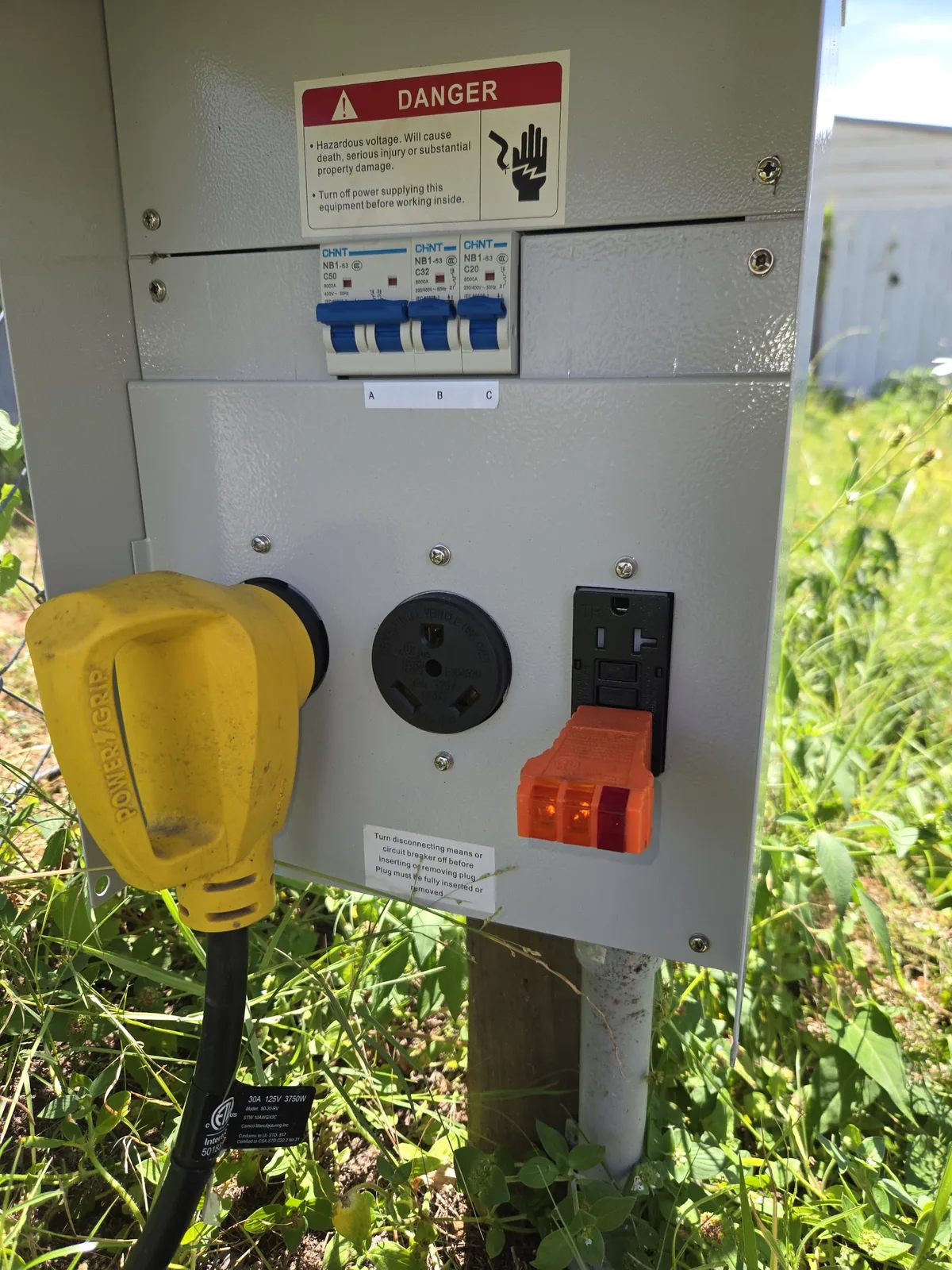 Generator connection panel with covered receptacles